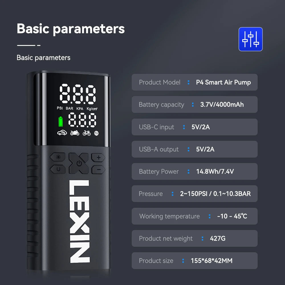 Lexin 4000mAh Smart Air Pump For Motorcycles And Bicycles