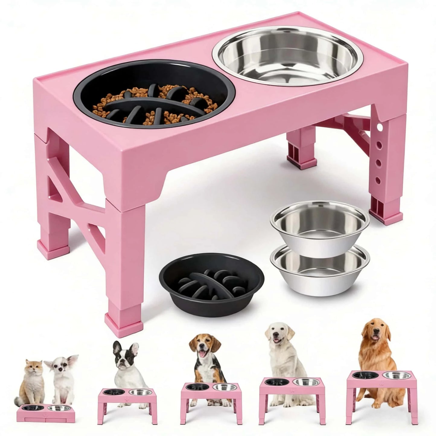 Raised Elevated Adjustable Dog Bowl Stand With Stainless Steel Bowls