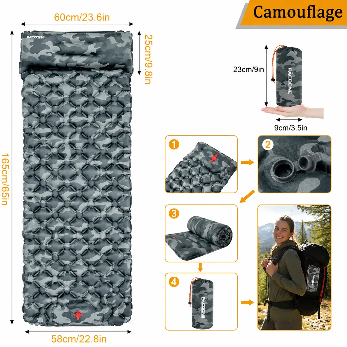 Waterproof Inflatable Air Mattress Foldable Camping Sleeping Pad With Pillow