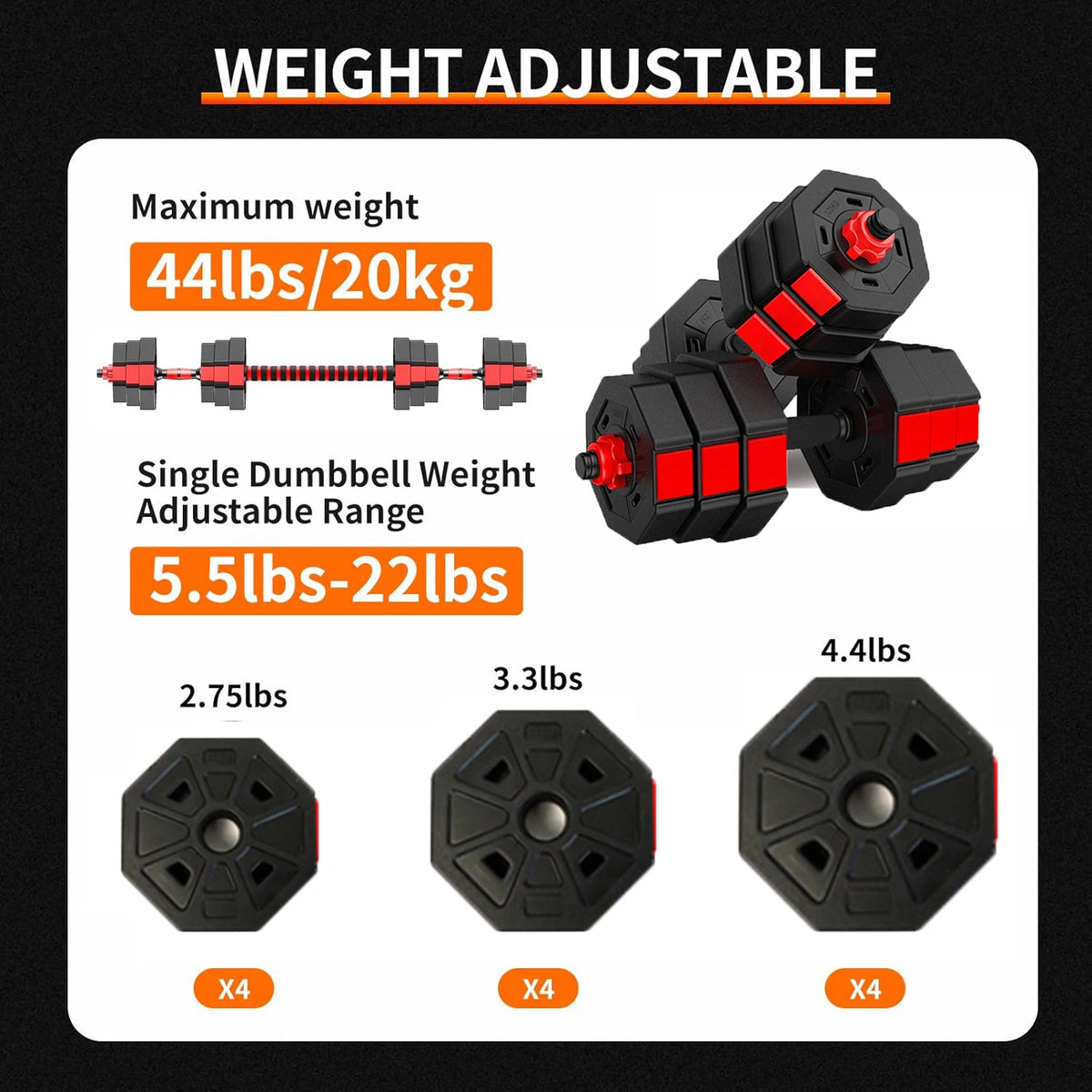 Adjustable Dumbbell Barbell Fitness Set 44 Lbs 3 In 1