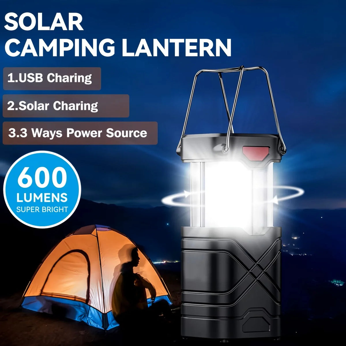 Rechargeable Collapsible LED Solar Camping Lantern With Flashlight