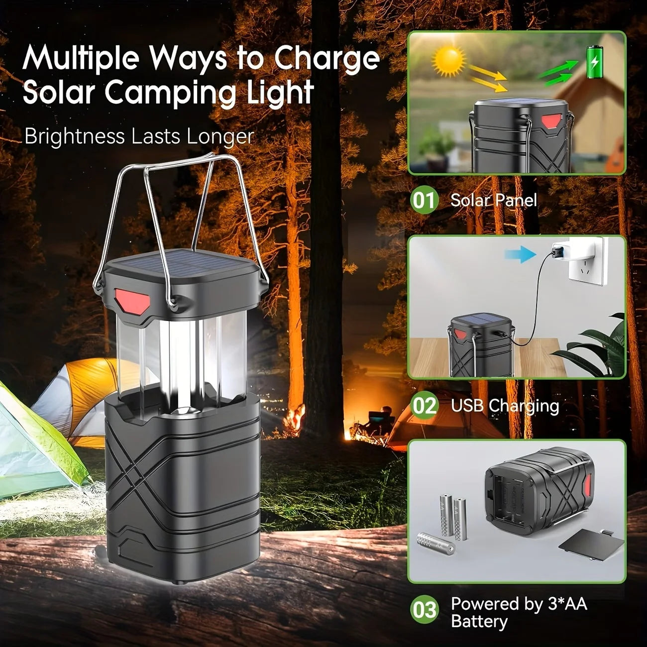 Rechargeable Collapsible LED Solar Camping Lantern With Flashlight