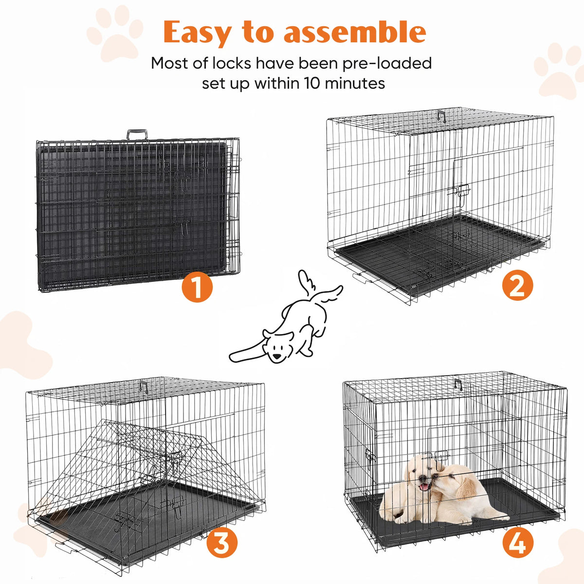 JHK Double Door Metal Wire Dog Cage Leak Proof Pan
