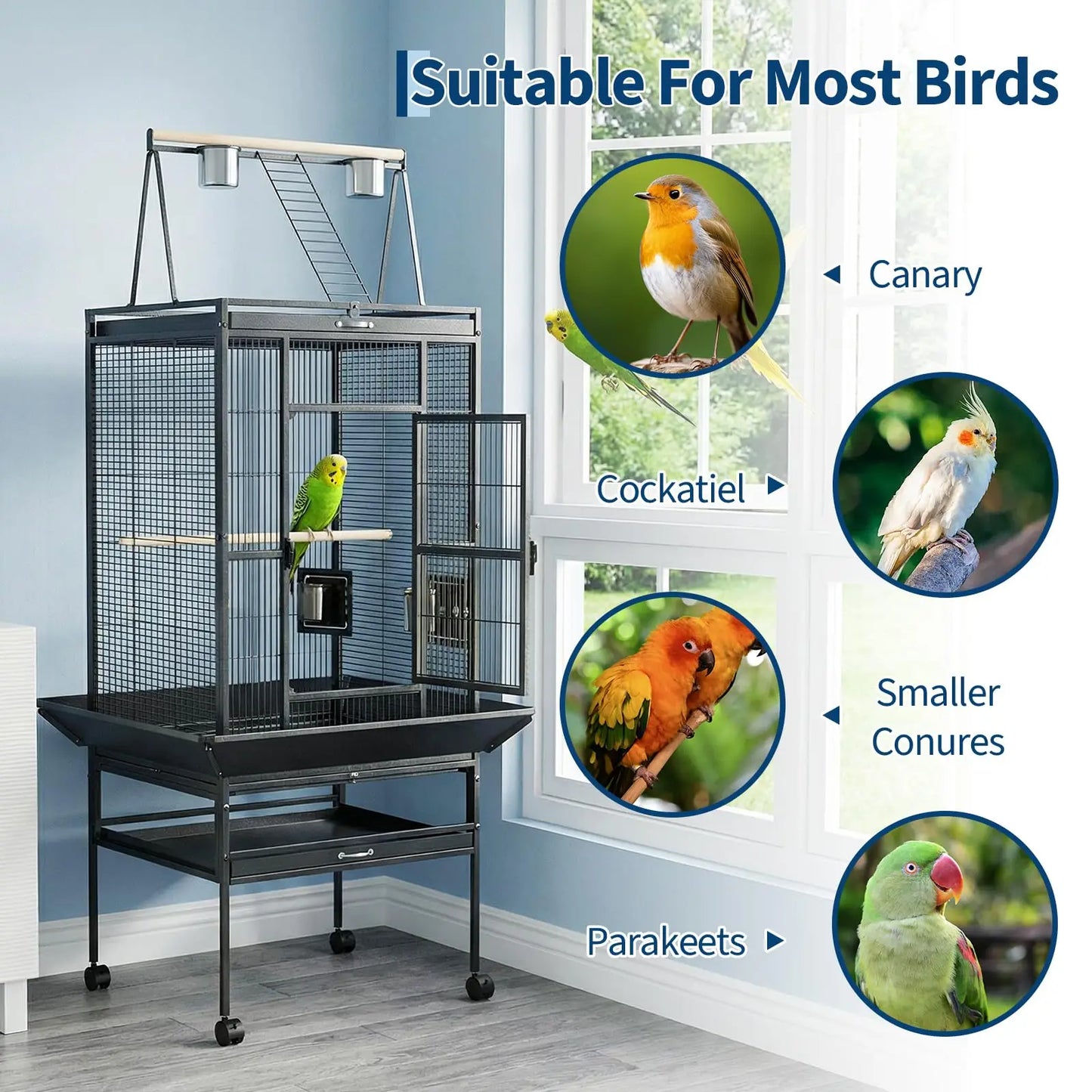HiMISS Metal Bird Cage With Rolling Stand And Play Top