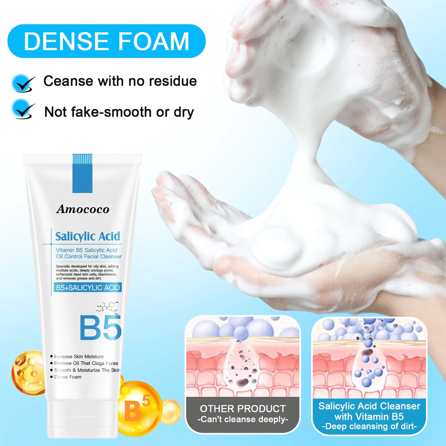 AMOCOCO Salicylic Acid Face Wash for Oily Acne Prone Skin