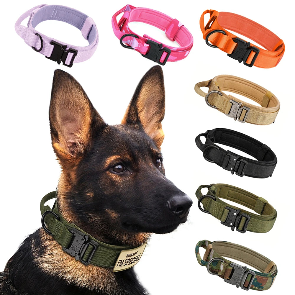 Adjustable Tactical Dog Collar Leash Control Handle Padded Nylon Buckle