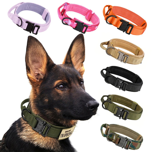 Adjustable Tactical Dog Collar Leash Control Handle Padded Nylon Buckle