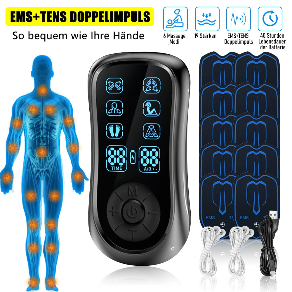 Dual Channel TENS EMS Muscle Stimulator 6 Modes 19 Intensity Levels Rechargeable