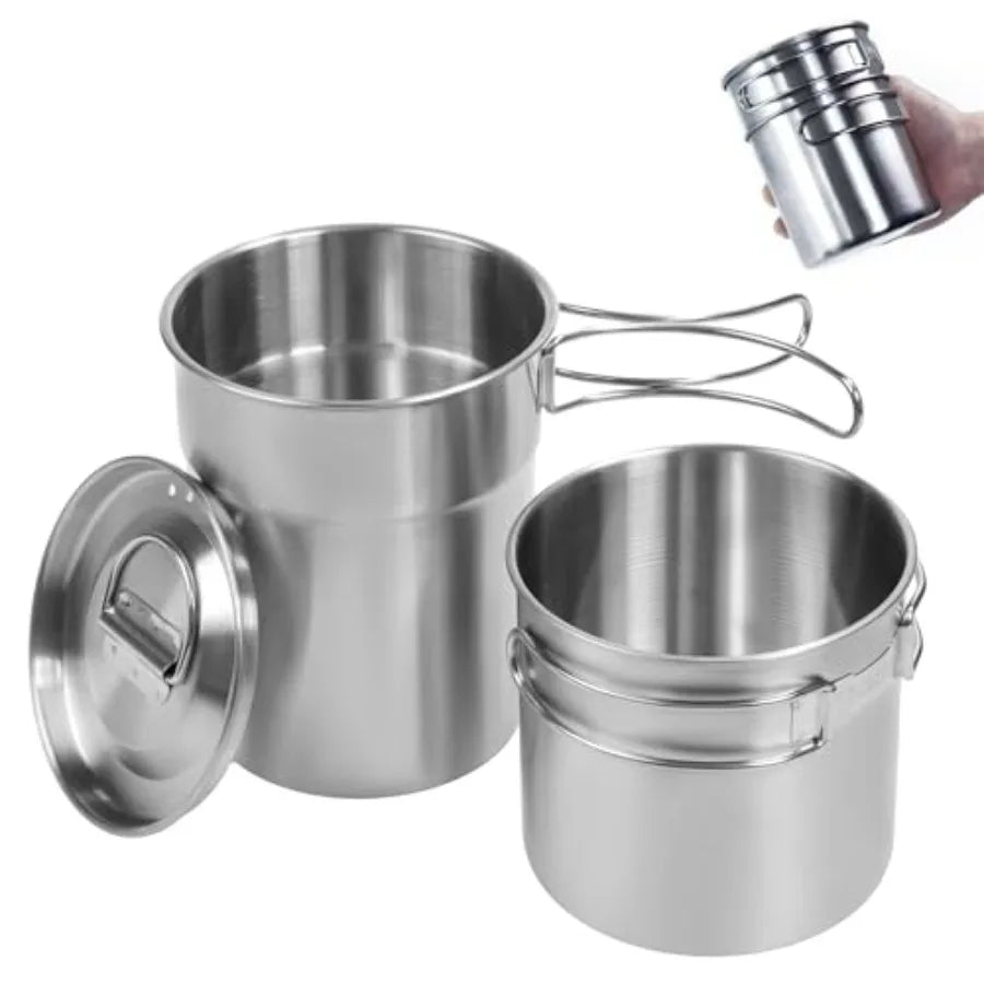 Foldable Stainless Steel Camping Cookware Pot Set With Vented Lid