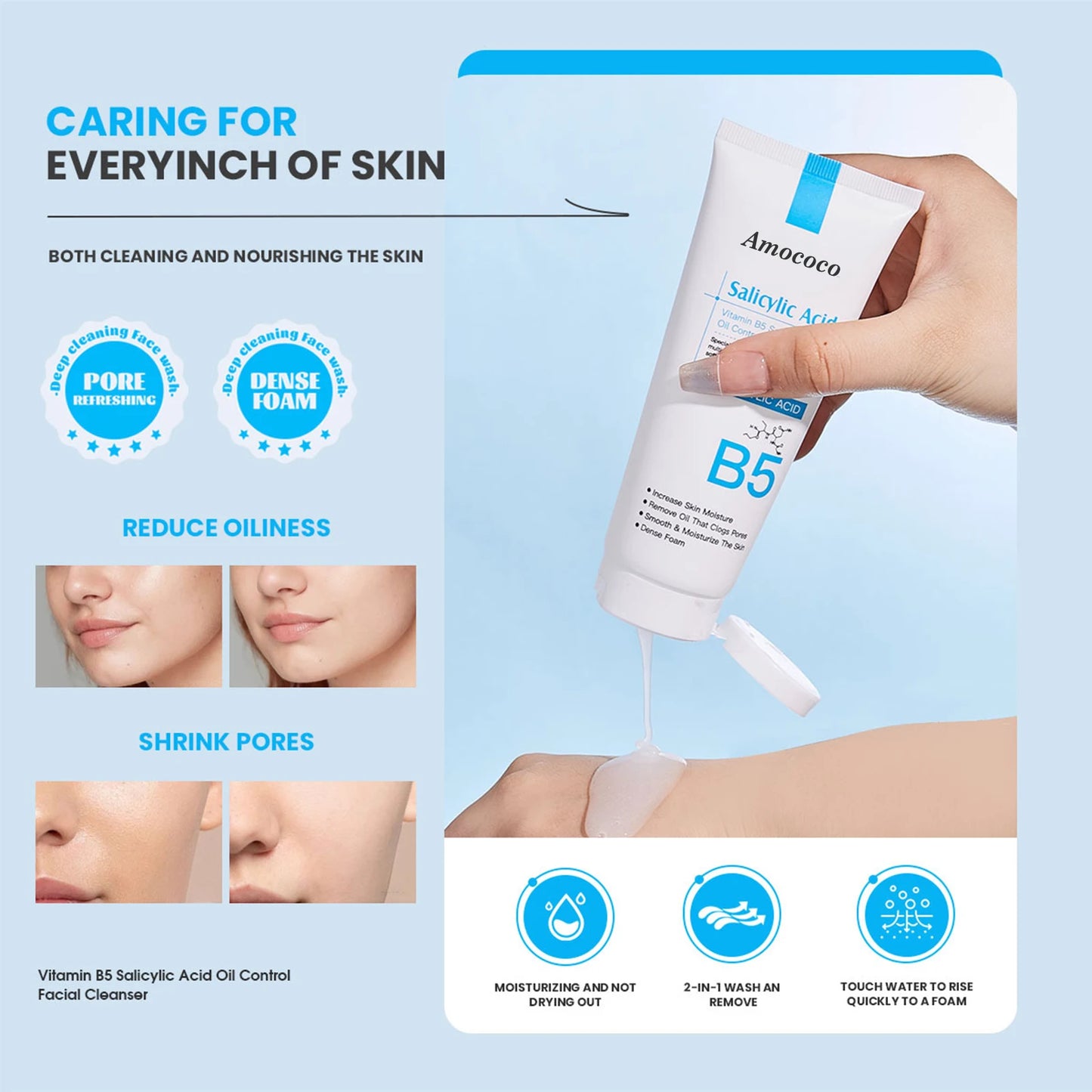 AMOCOCO Salicylic Acid Face Wash for Oily Acne Prone Skin