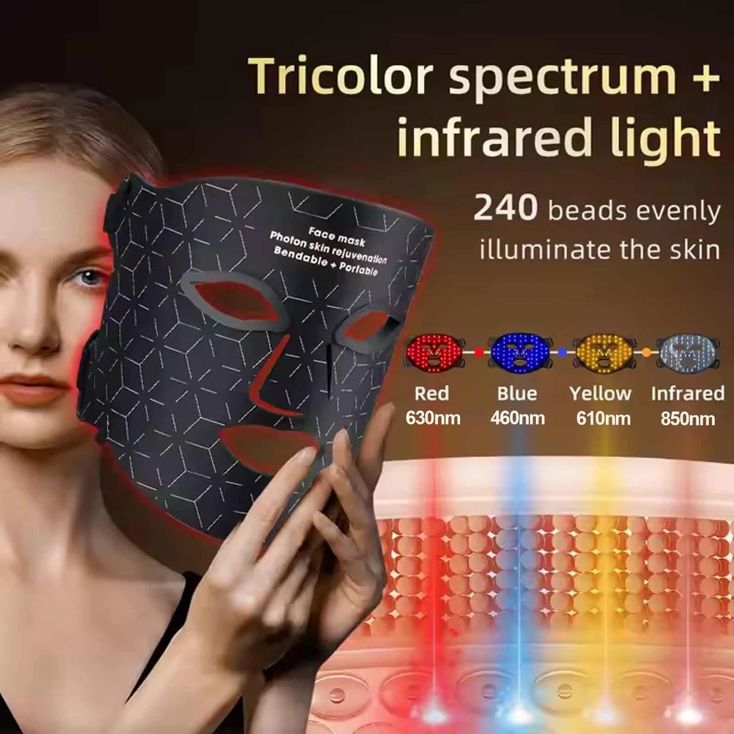 Portable LED Face Mask Light Therapy For Anti Aging Wrinkles Skin Rejuvenation