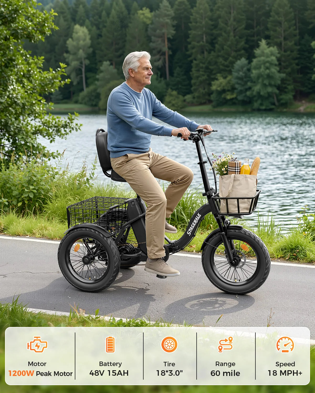 Eilleo Spacewalk 1200W Folding Electric Tricycle With Fat Tires