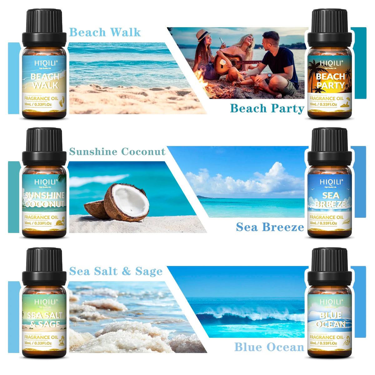 HIQILI Gold Coast Six Piece Fragrance Oils Gift Set For Aromatherapy Diffusers