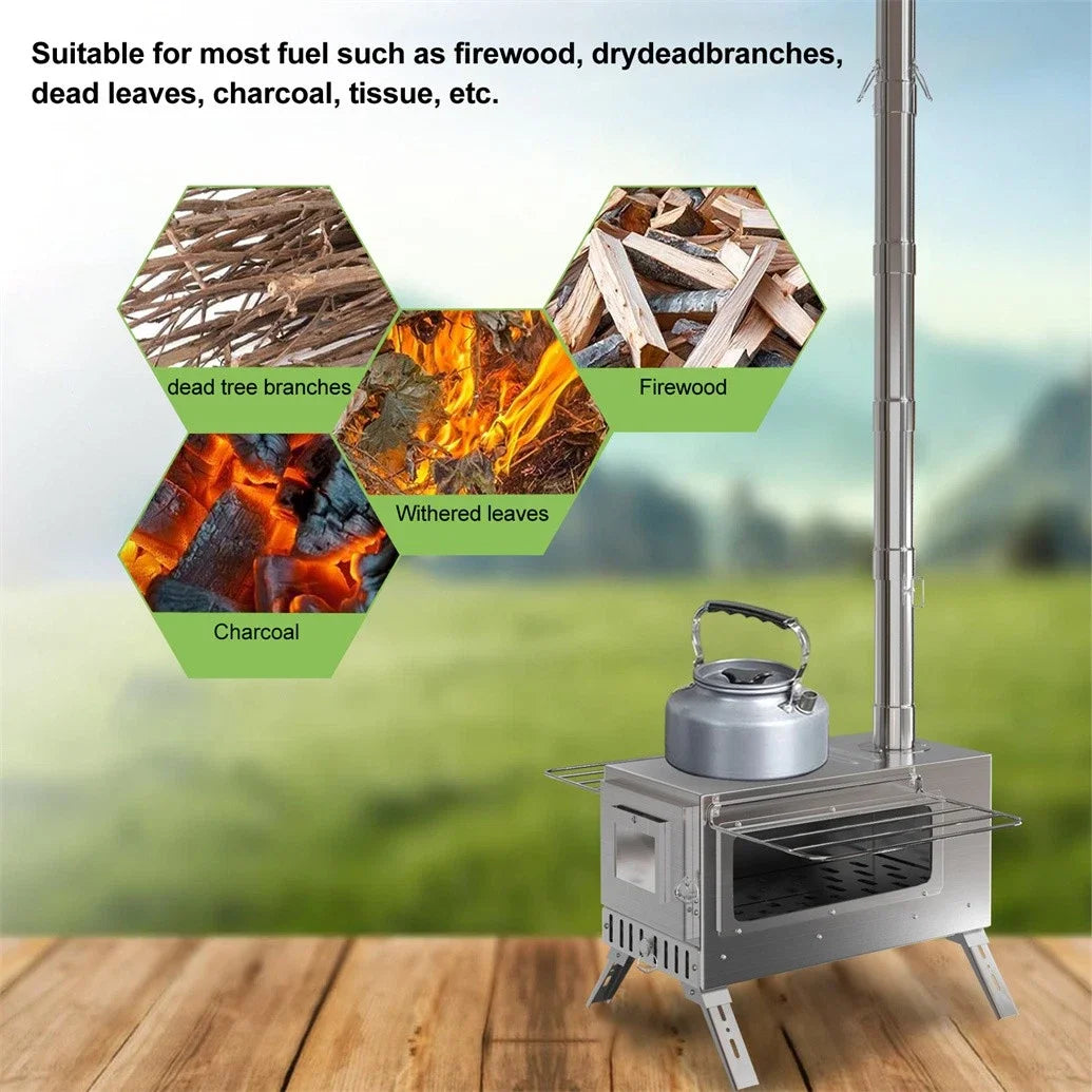 Portable Wood Burning Hot Tent Stove Stainless Chimney Pipe Heating