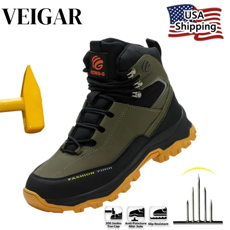 VEIGAR Men Steel Toe Boots Leather Anti Puncture Construction Safety