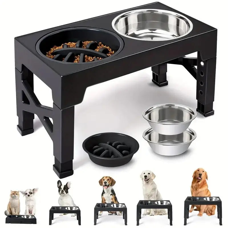 Raised Elevated Adjustable Dog Bowl Stand With Stainless Steel Bowls