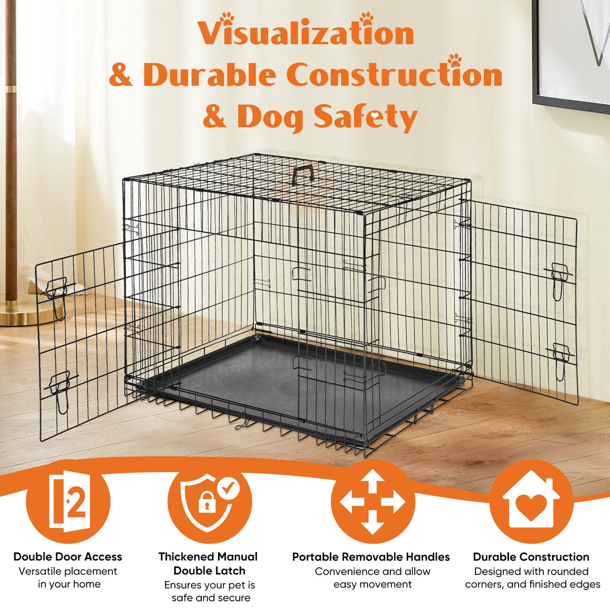 JHK Double Door Metal Wire Dog Cage Leak Proof Pan