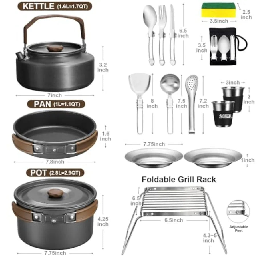 18 Piece Stainless Steel Camping Cookware Mess Kit Set