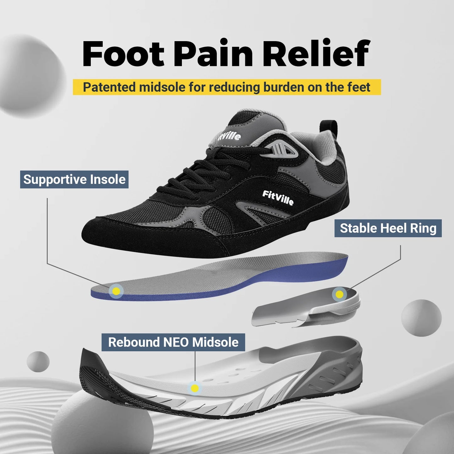 FitVille Newest Walking Shoes for Men Wide Width Sneakers with Arch Support for Flat Feet Heel Pain Relief Plantar Fasciitis