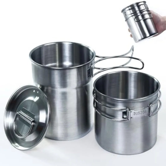 Foldable Stainless Steel Camping Cookware Pot Set With Vented Lid
