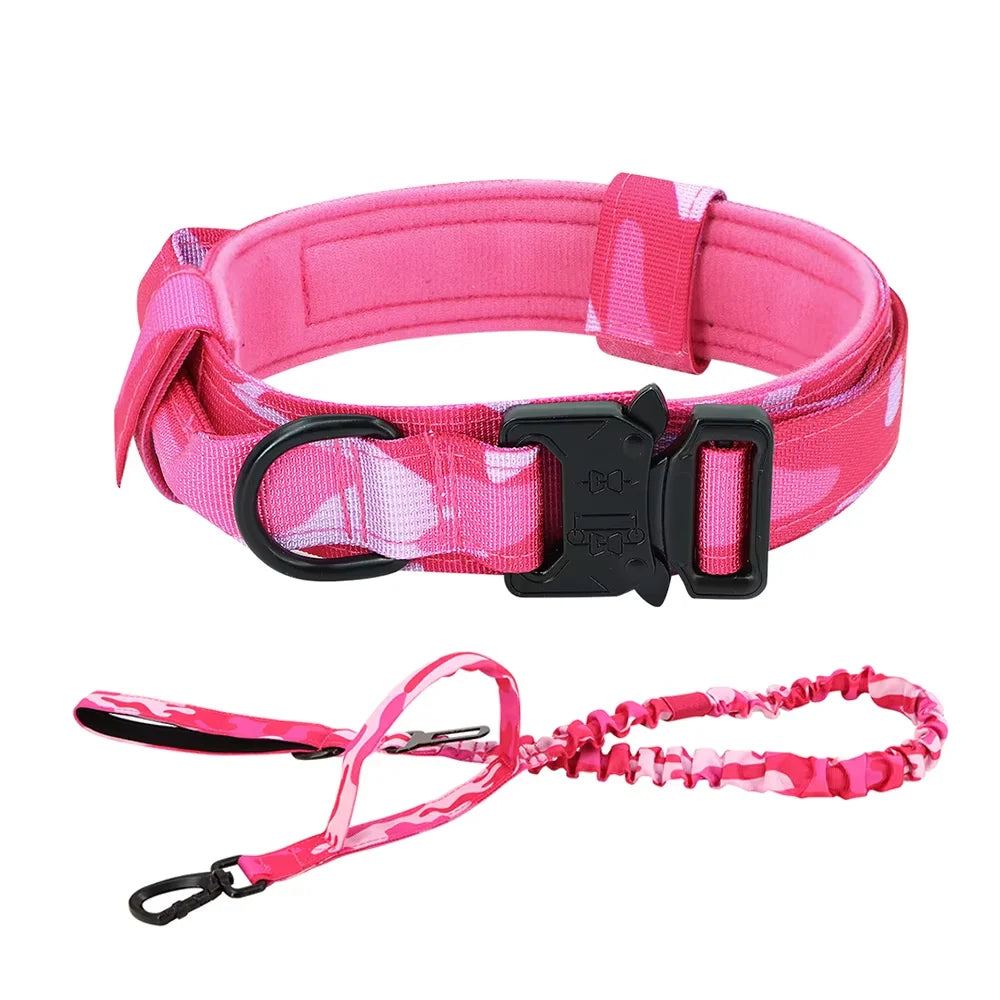 Adjustable Tactical Dog Collar Leash Control Handle Padded Nylon Buckle