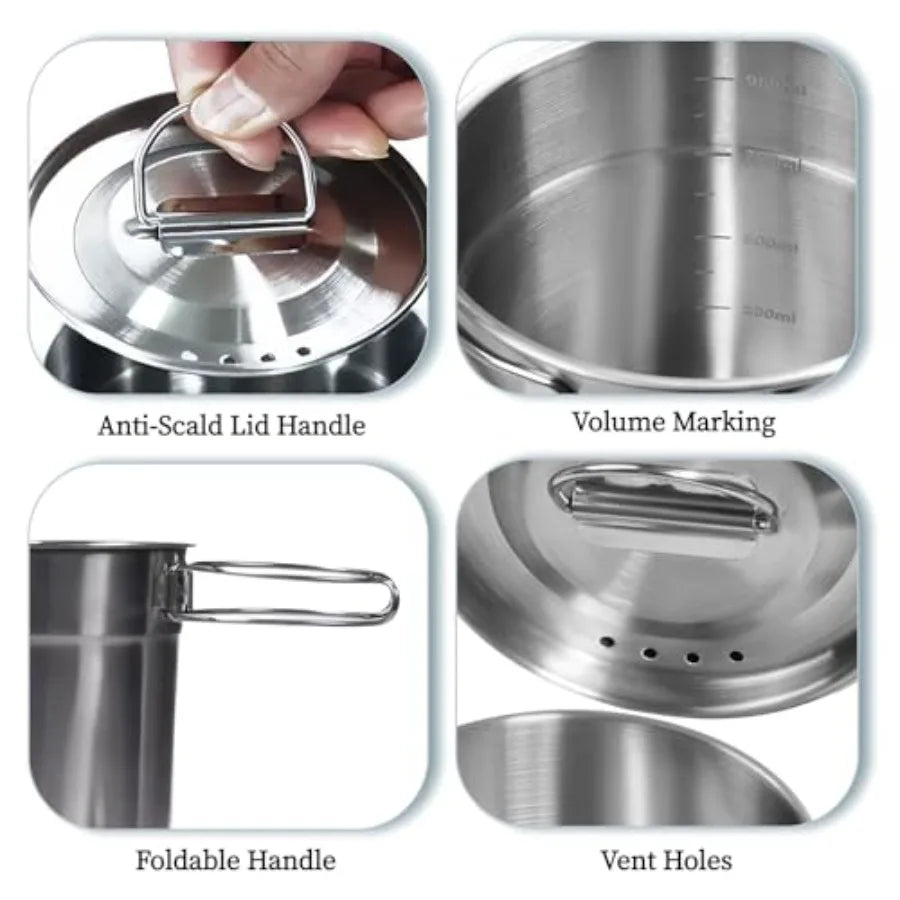 Foldable Stainless Steel Camping Cookware Pot Set With Vented Lid
