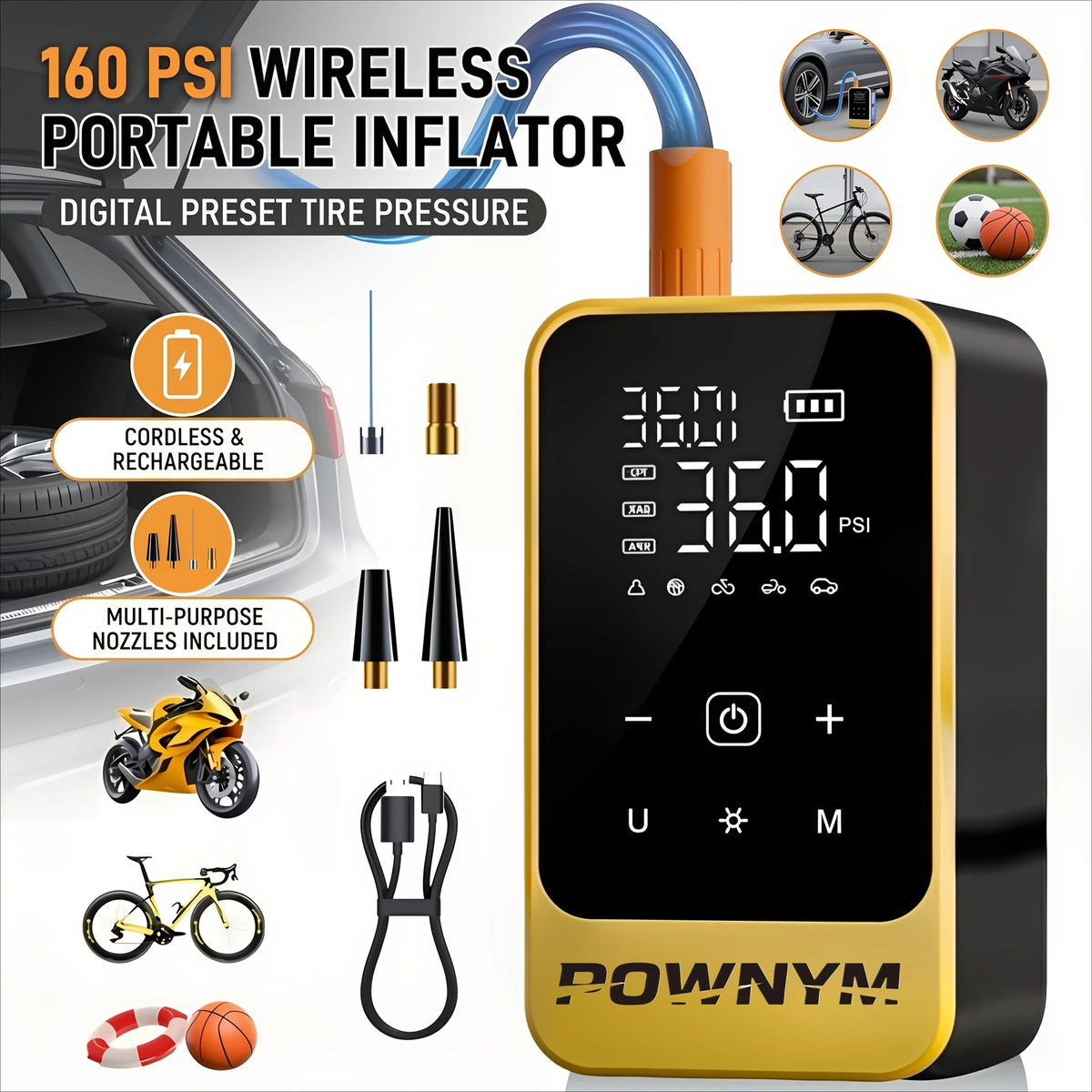 Pownym Multifunctional Wireless Tire Inflator Jump Starter With Digital Gauge