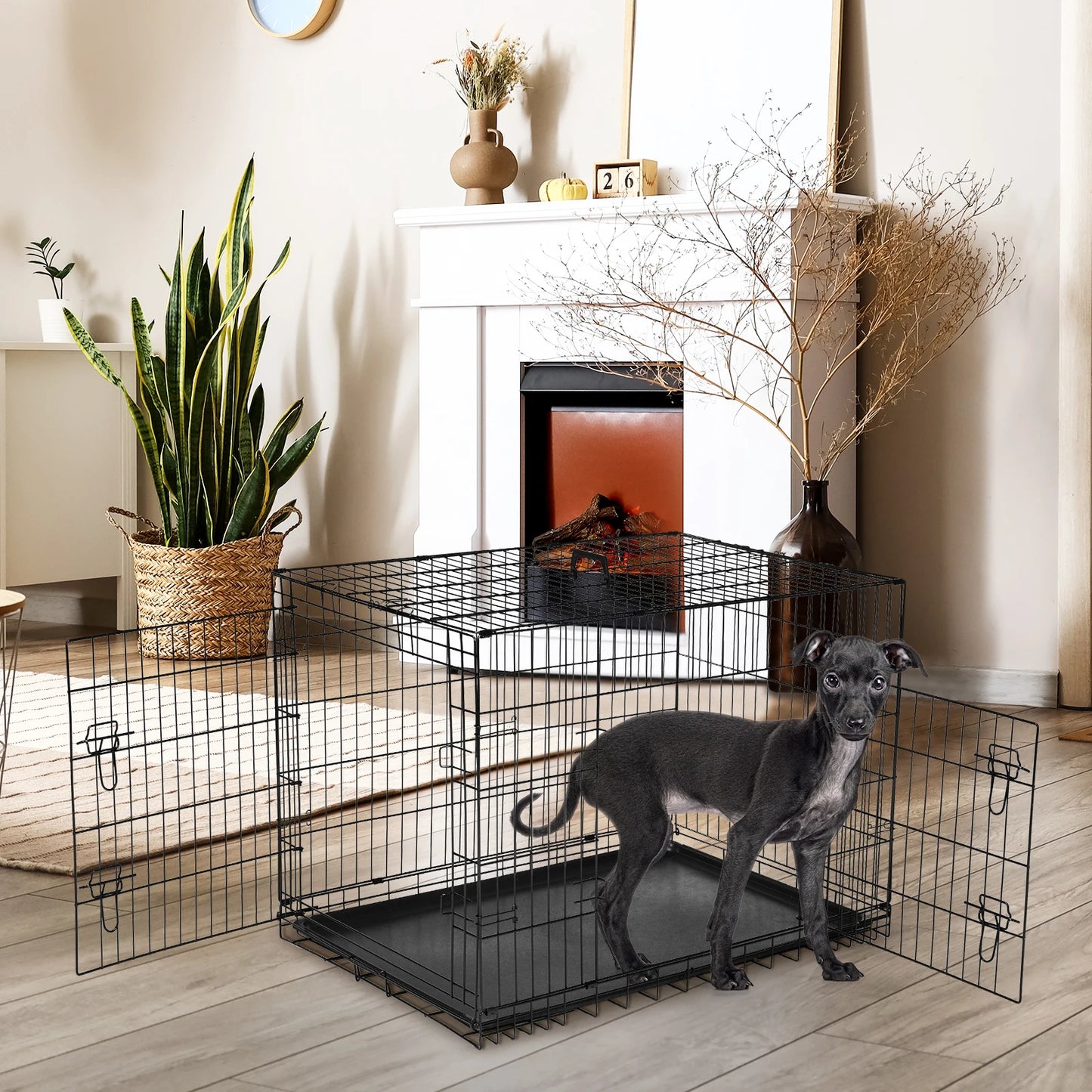 JHK Double Door Metal Wire Dog Cage Leak Proof Pan