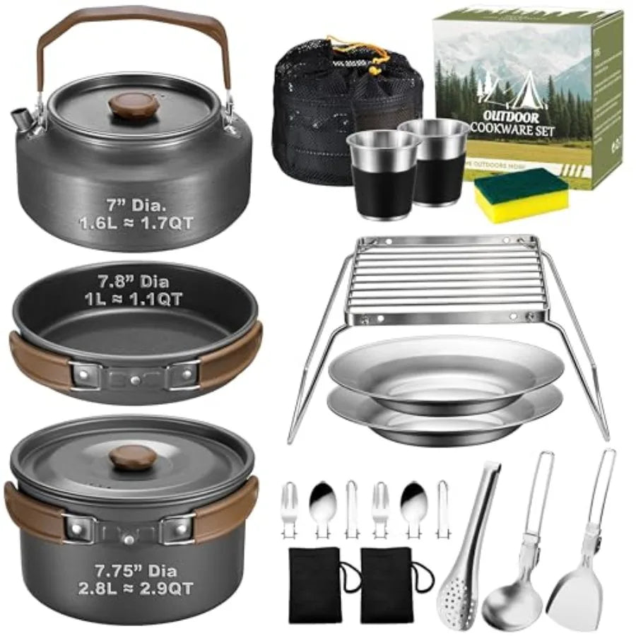 18 Piece Stainless Steel Camping Cookware Mess Kit Set