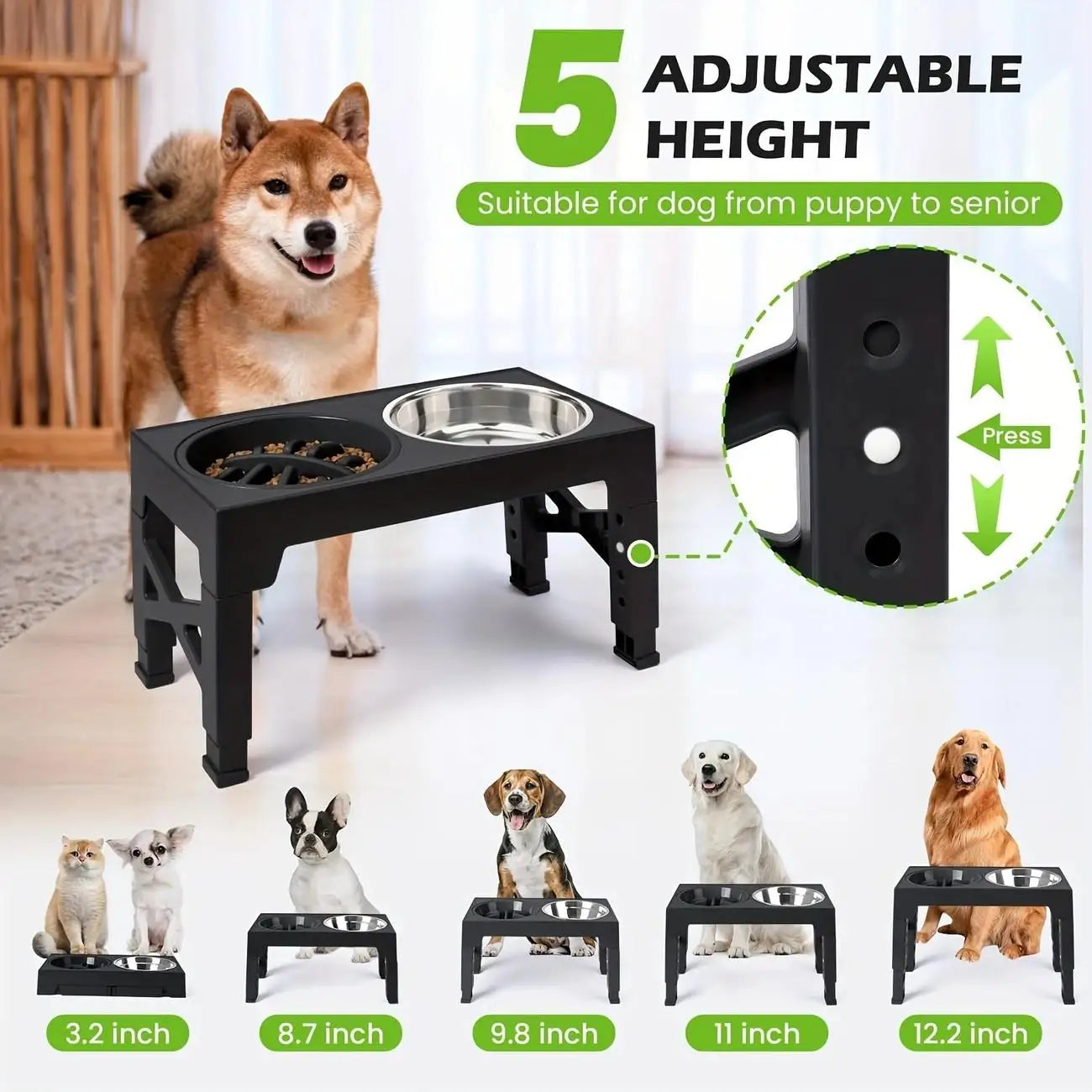 Raised Elevated Adjustable Dog Bowl Stand With Stainless Steel Bowls