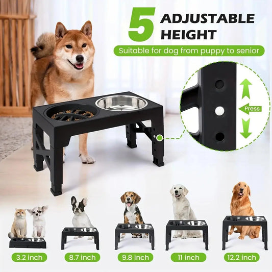 Raised Elevated Adjustable Dog Bowl Stand With Stainless Steel Bowls