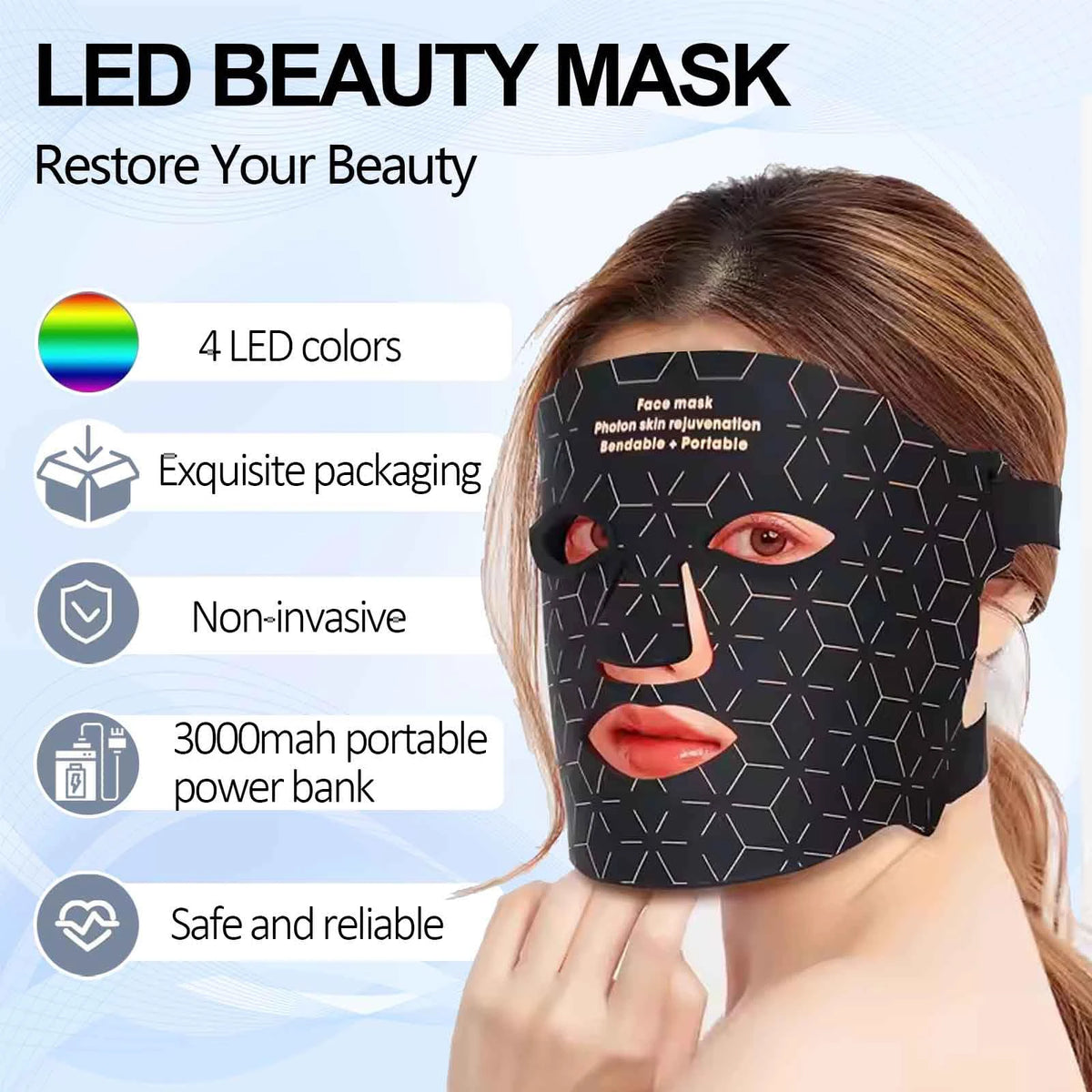 Portable LED Face Mask Light Therapy For Anti Aging Wrinkles Skin Rejuvenation