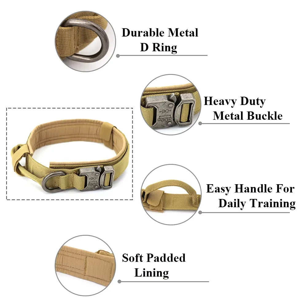 Adjustable Tactical Dog Collar Leash Control Handle Padded Nylon Buckle