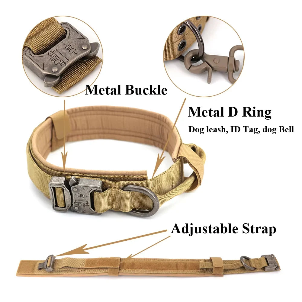 Adjustable Tactical Dog Collar Leash Control Handle Padded Nylon Buckle