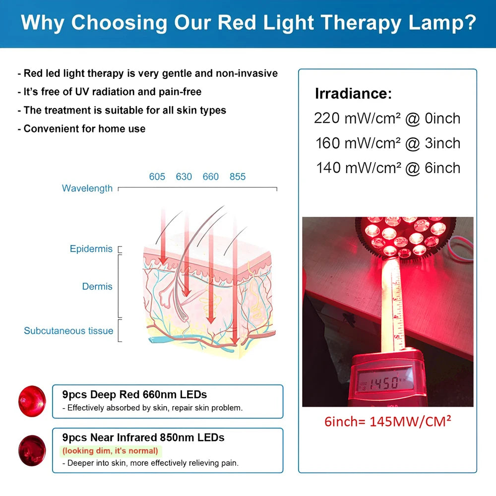 High-Concerned Chemical Red Light Therapy Lamp With Holder 660nm 850nm