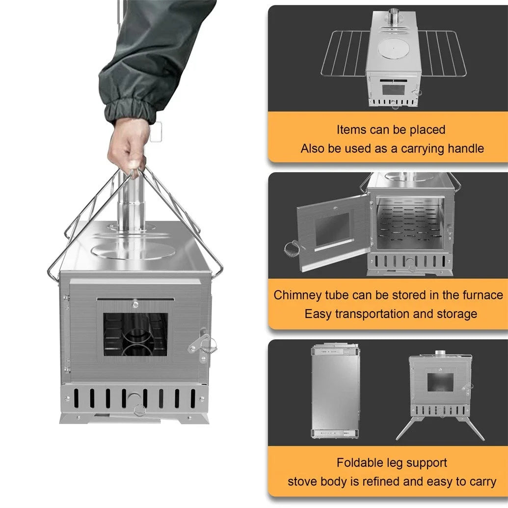 Portable Wood Burning Hot Tent Stove Stainless Chimney Pipe Heating