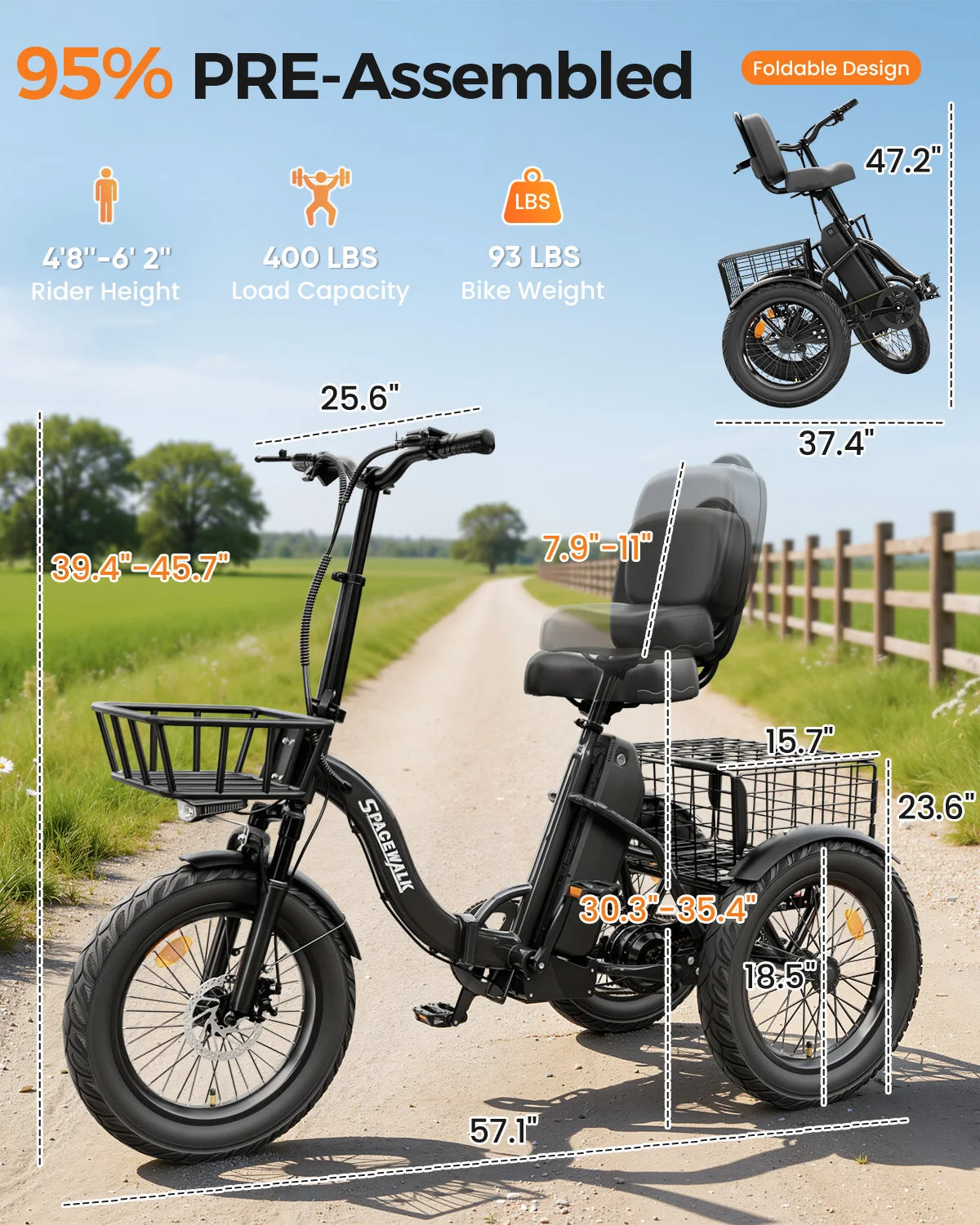 Eilleo Spacewalk 1200W Folding Electric Tricycle With Fat Tires