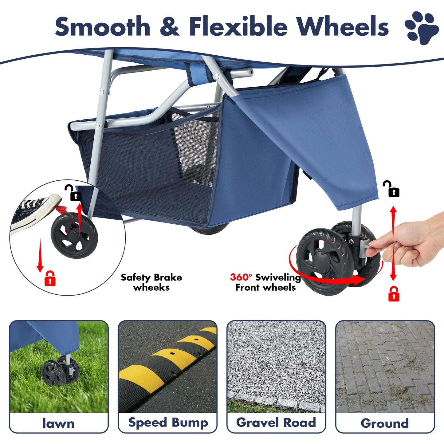 Dumos 3 Wheels Foldable Pet Stroller Vented Basket Outdoor Travel