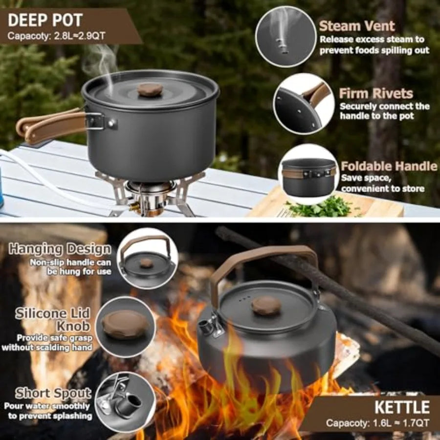 18 Piece Stainless Steel Camping Cookware Mess Kit Set