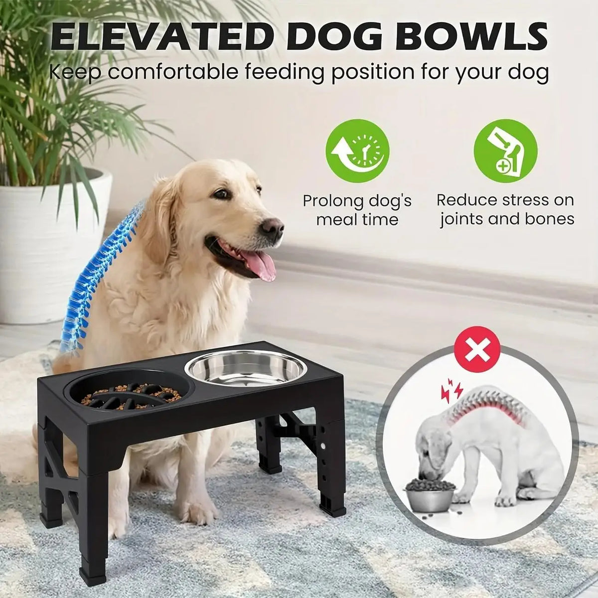Raised Elevated Adjustable Dog Bowl Stand With Stainless Steel Bowls